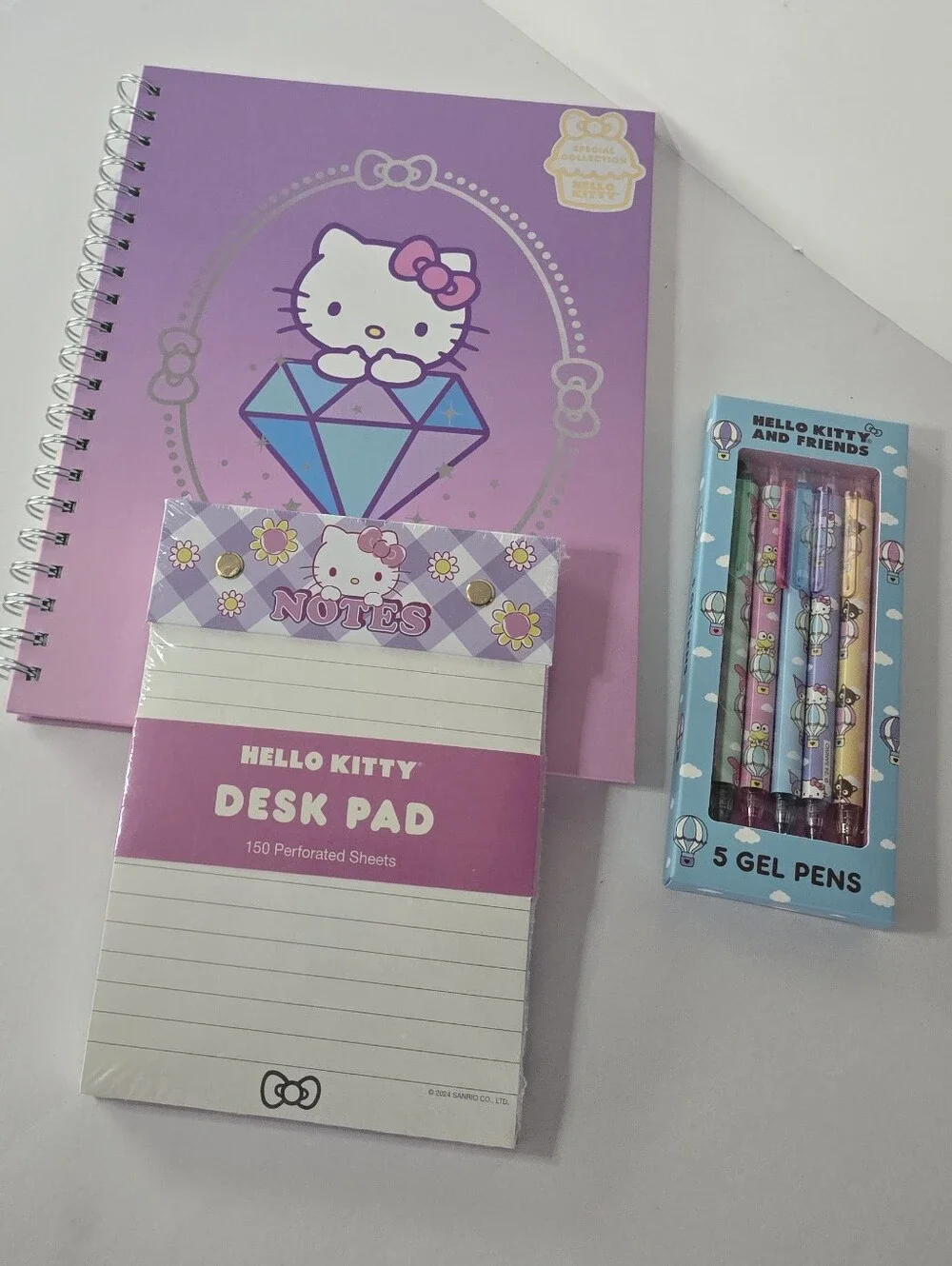 Hello Kitty Stationary  Set Purple Hardcover Notebook + Desk Pad + Gel Pen Set